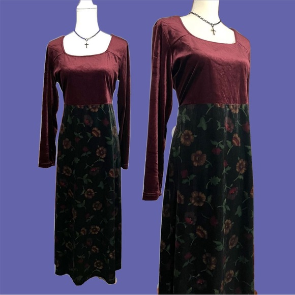 Vintage Dresses & Skirts - Vintage 90s Velvet Whimsigoth Floral Maxi Dress